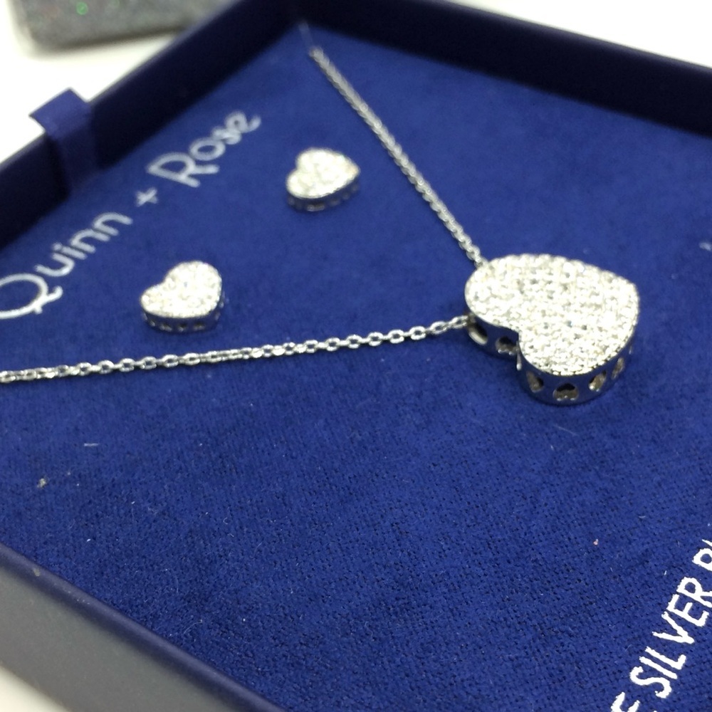 3/$30 QUINN + ROSE SILVER PLATE CZ ZIRCONIA NECKLACE EARRING SET HEART PENDANT - Picture 7 of 9